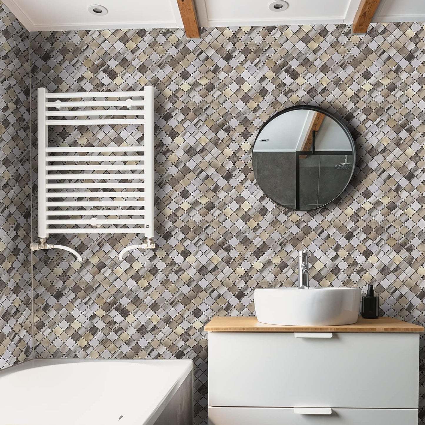 STICKGOO Arabesque Peel and Stick Backsplash Tile, Stick on Backsplash for Kitchen and Bathroom, Beige Marble Look PVC Mixed Metal Aluminum Mosaic Tiles (10 Sheets)