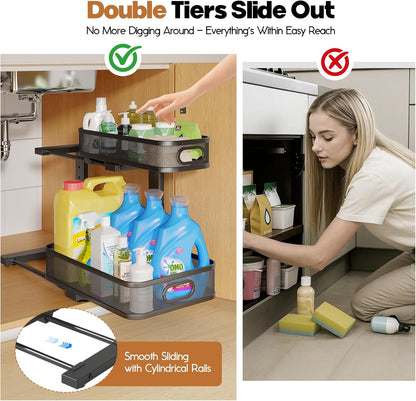 2 Pack Under Sink Organizer With Smooth Cylindrical Rail,2-Tier Pull Out Multi-Purpose Cabinet Storage for Bathroom&Kitchen,Height Adjustable,Rust-resistant Coating-White