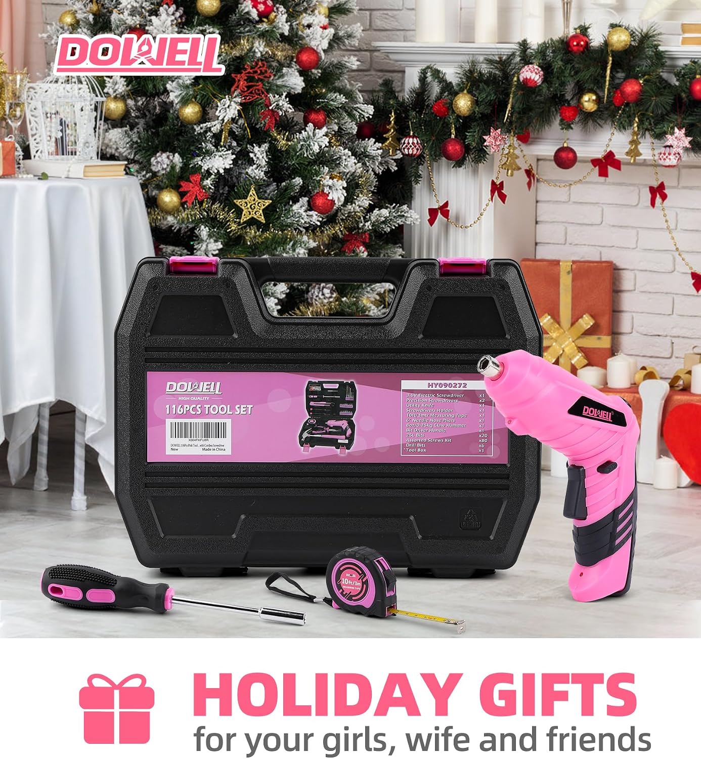143 Pcs Pink Homeowner Tool Set with 3.6V Cordless Screwdriver General Household Hand Tool Kit with Plastic Tool box Storage Case for Women,Men