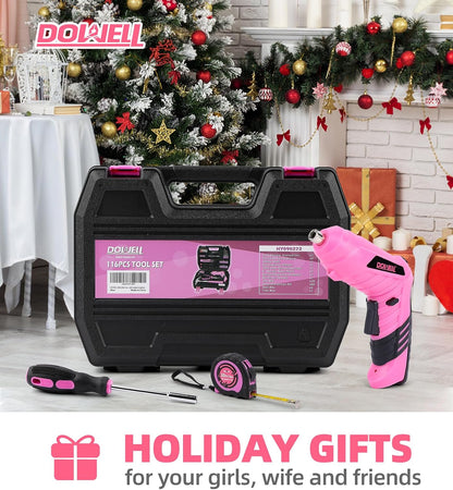 143 Pcs Pink Homeowner Tool Set with 3.6V Cordless Screwdriver General Household Hand Tool Kit with Plastic Tool box Storage Case for Women,Men