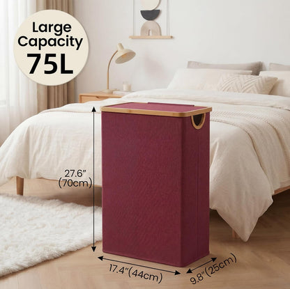 efluky Slim Laundry Basket with Lid, Narrow Laundry Hamper with Removable Bag, Skinny Dirty Clothes Basket with Bamboo Handles for Bathroom, Bedroom & Laundry Room, 75L Beige