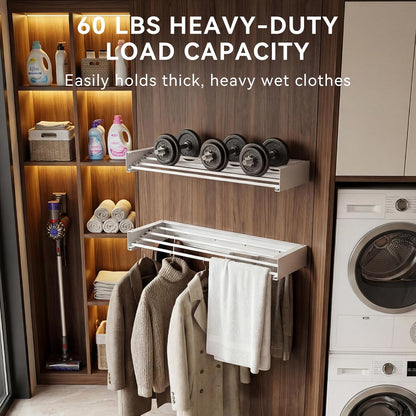 Wall Mounted Drying Rack, 23.6" Retractable Clothes Drying Rack, Heavy Duty 60LB Capacity with 4 Stainless Steel Rods, Foldable Laundry Rack for Indoor Laundry Room, Balcony & Bathroom