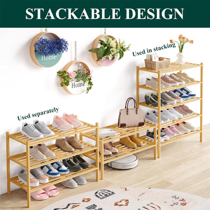Smiry Bamboo Shoe Rack, 3 Tier Free Standing Wooden Shoe Organizer, Stackable Wood Shoe Storage Shelf for Closet, Entryway, 5 Horizontal Slats, 26.8"x11"x18.3", Natural