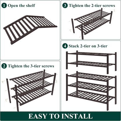 Smiry Bamboo Shoe Rack for Closet, 3 Tier Wooden Shoe Organizer, Stackable Wood Shoe Storage Shelf for Entryway, 14 Vertical Slats, One-piece Heavy-Duty Legs, 26.77"x11.02"x18.31", Natural