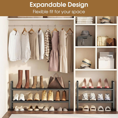 SAYZH Expandable Shoe Rack for Closet, Adjustable Metal Shoe Organizer with Sturdy Mesh Shelves for Boots & Heels, Stackable Shoe Storage for Entryway, Garage, Small Spaces (Black, 2-Tier)