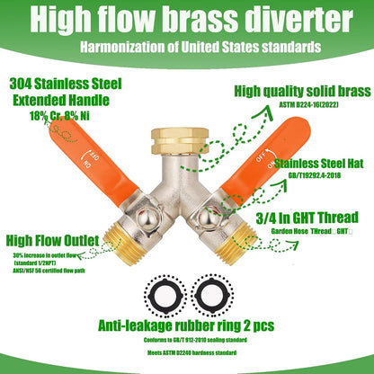 EJW Hose Splitter 2 Way, Garden Hose Splitters, 2 Way Faucet Splitter, Water Spigot Splitter, RV Brass Hose Splitter, Two way Hose Bib Splitter, Double Hose Connector, Hose Valve 3/4 Inch GHT Thread.