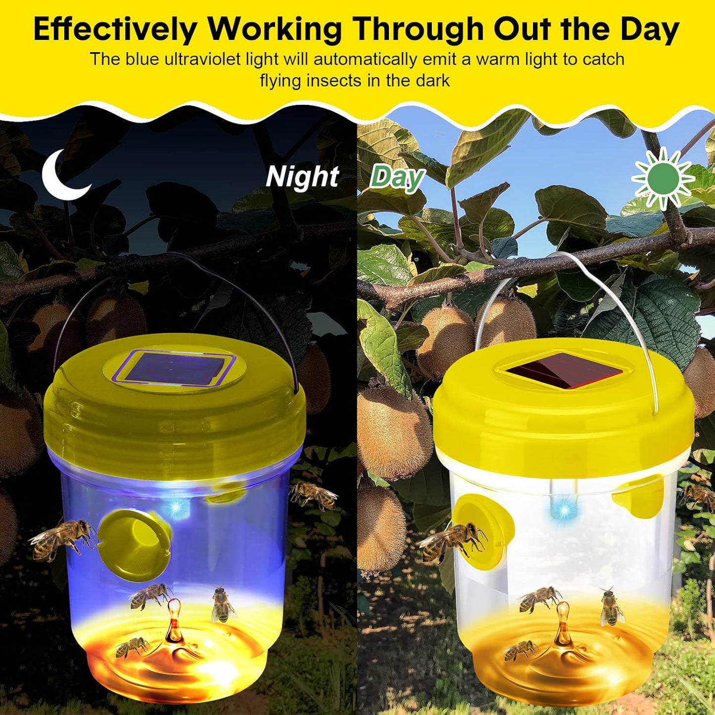 Wasp Trap Solar Powered Bee Trap Reusable Fly Traps Outdoor Hanging Wasp Killer with UV LED Light Flying Insects Bee Killer for Indoor Outside Patio Garden Home (6, Yellow)