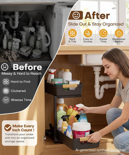 Homde Sliding Under Sink Organizer: 2 Pack 2-Tier Cabinet Shelf with Upper & Lower Pull-Out Baskets - C-Shaped 3 Adjustable Heights for Kitchen Bathroom
