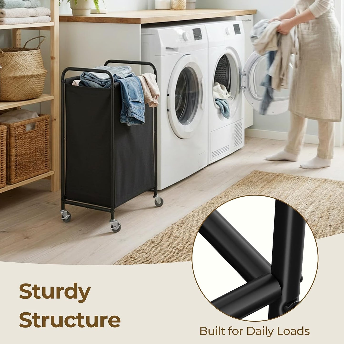 GRANNY SAYS 2 Section 130L Laundry Sorter, Large Laundry Hamper Basket with Wheels and Handles, Durable and Sturdy Rolling Cart for Laundry Room, Hotel, Bedroom, Beige