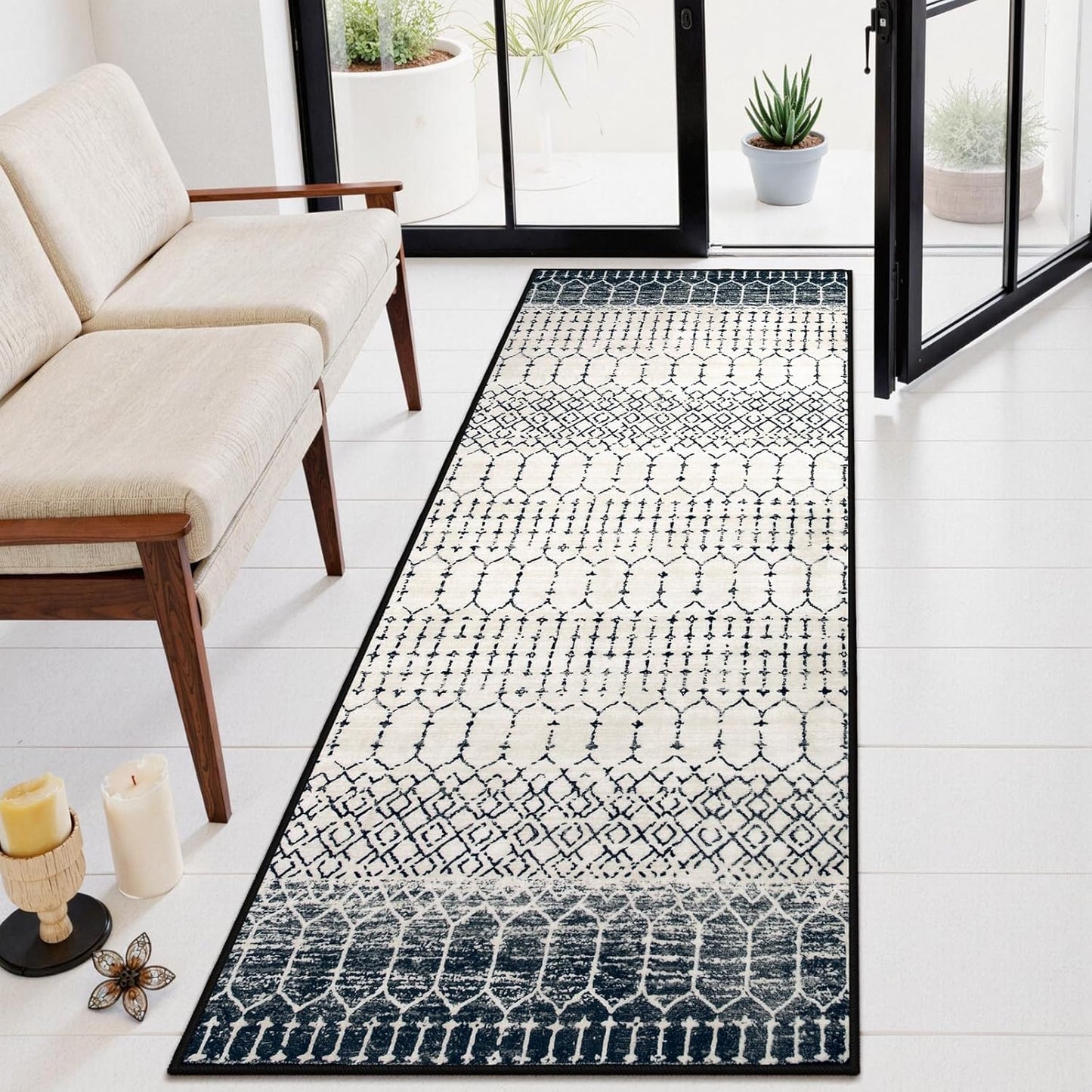 Lahome Moroccan Entry Rug 2x3, Non-Slip Washable Front Indoor Door Mat Rubber Backing Low-Profile Door Rugs, Small Geometric Print Distressed for Entryway Bathroom Kitchen, Black Hana