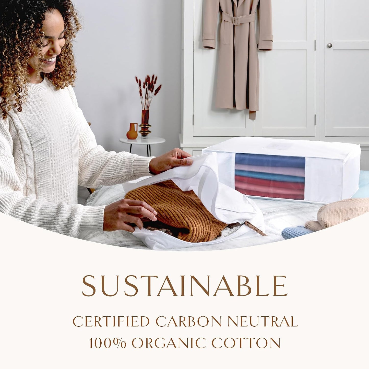 Hayden Hill Luxury Organic Cotton Sweater and Blanket Storage Bag 20 Inch | Fits 9 Fine Knits or 2 Blankets, Breathable, Moth Proof, Garment Storage Bag For Cashmere, Certified Carbon Neutral, White