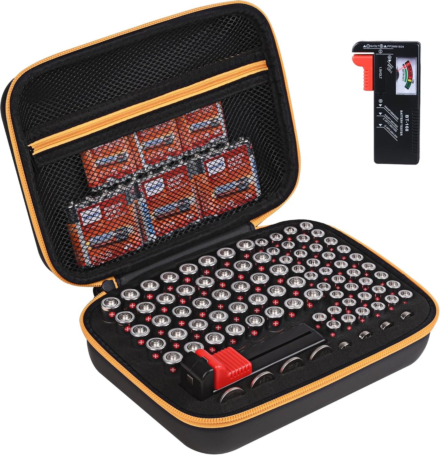 Battery Organizer Storage Case with Tester for AA AAA Button Battery Holder Carrying 3 Batteries Variety Pack 88 Batteries Zipper Mesh Bag (Batteries Not Included) (black-green)