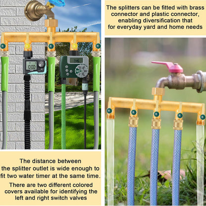 EBH Brass Garden Hose Splitter, 3 Way High Flow Outdoor Faucet Splitter,Full Flow 3-Way Brass Heavy Duty Hose Splitter With 3 Long Metal Handle and Individual On/Off Valve。