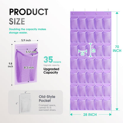 WVM Over the Door Shoe Organizer with 35 Breathable Mesh Pockets, Hanging Shoe Organizer for Door with 4 Metal Hooks, Large Capacity Closet Storage for Shoes, Accessories, Grey
