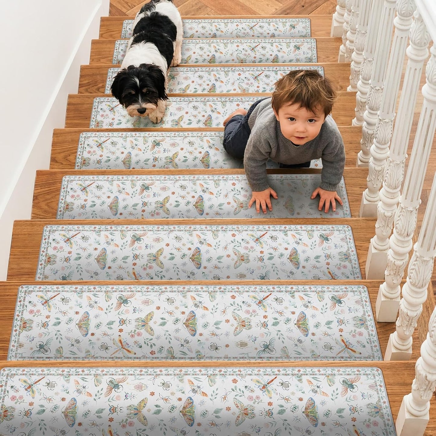 OJIA Insect Print Stair Treads Non Slip Stair Runners for Wooden Steps Indoor, 15PCS 8"x30" Rubber Backing Carpet Treads for Wood Stairs Staircase Step Treads for Kids & Dogs, Stair Covers, Black