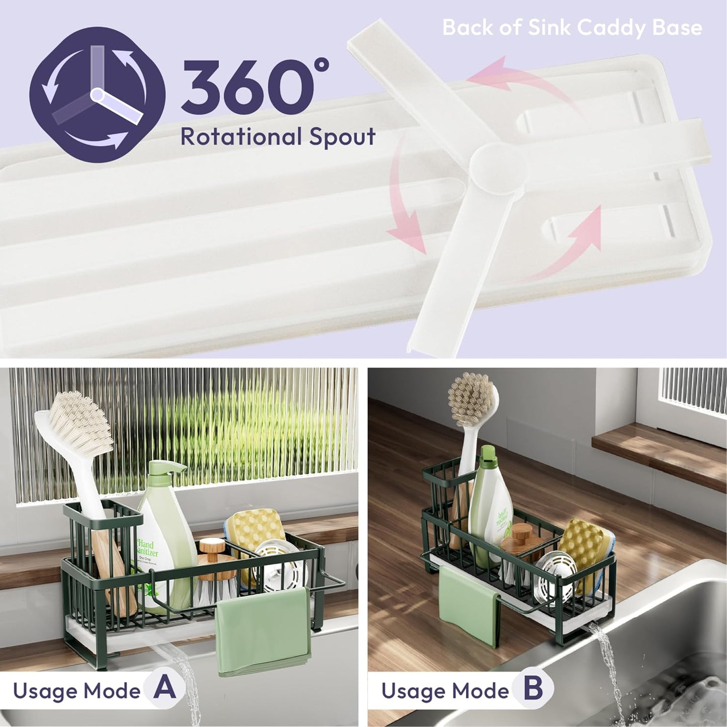 SWTYMIKI Sink Caddy Sponge Holder - Large Sponge Holder for Kitchen Sink with 360°Auto-Drain Tray, Rustproof Stainless Steel Kitchen Organizer Caddy for Countertop Organization