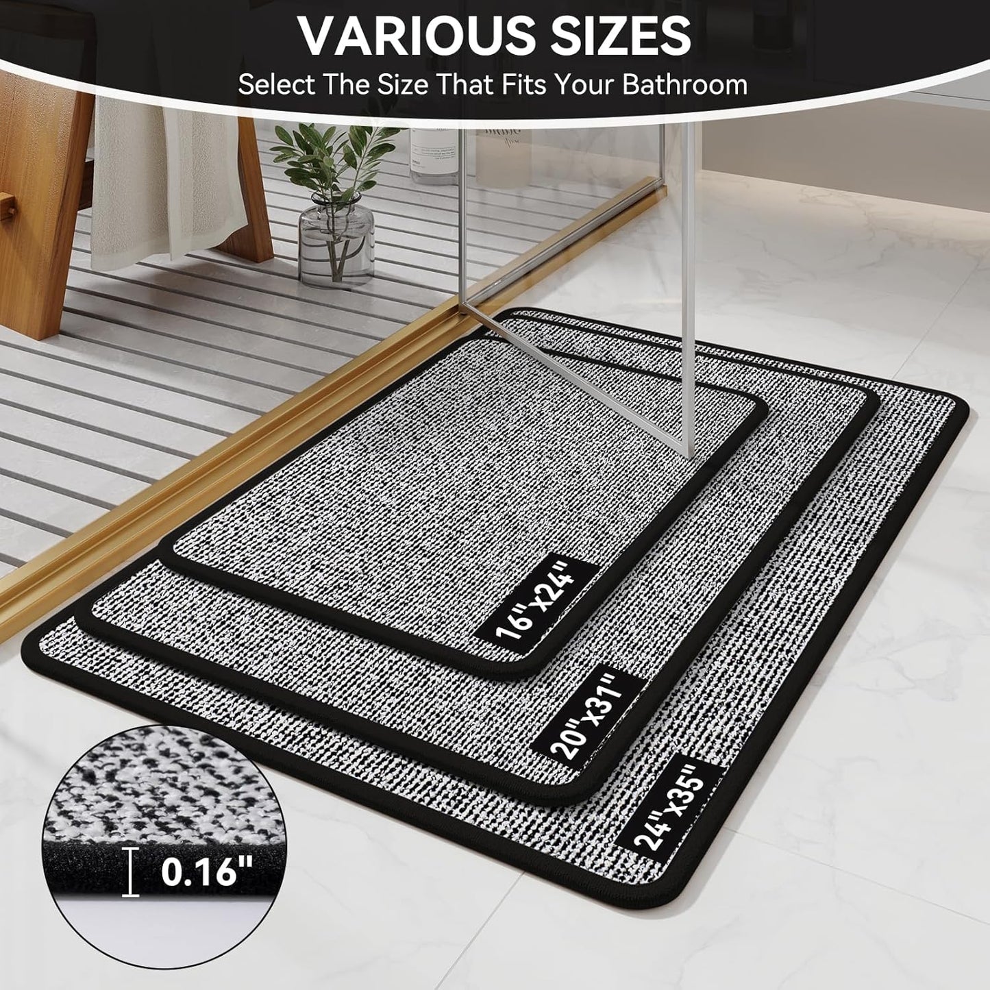 Non Slip Bath Mat with Rubber Backing, Absorbent Quick Dry Bath Rugs Washable, Thin Bathroom Rugs Fit Under Door for Bathroom Floor, Shower and Sink, 16"×24", Grey