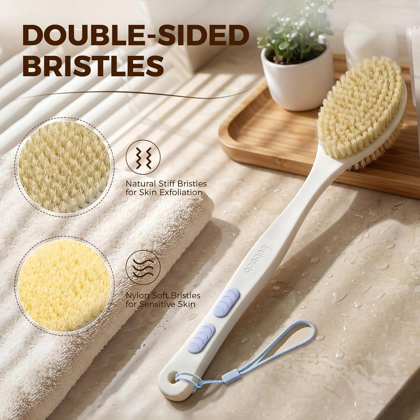 Back Scrubber for Shower with Long Handle, Blue | Double Sided Bristles (Stiff & Soft), Anti-Slip Grip, Lightweight - Gift for Seniors, Includes Lanyard & Hook