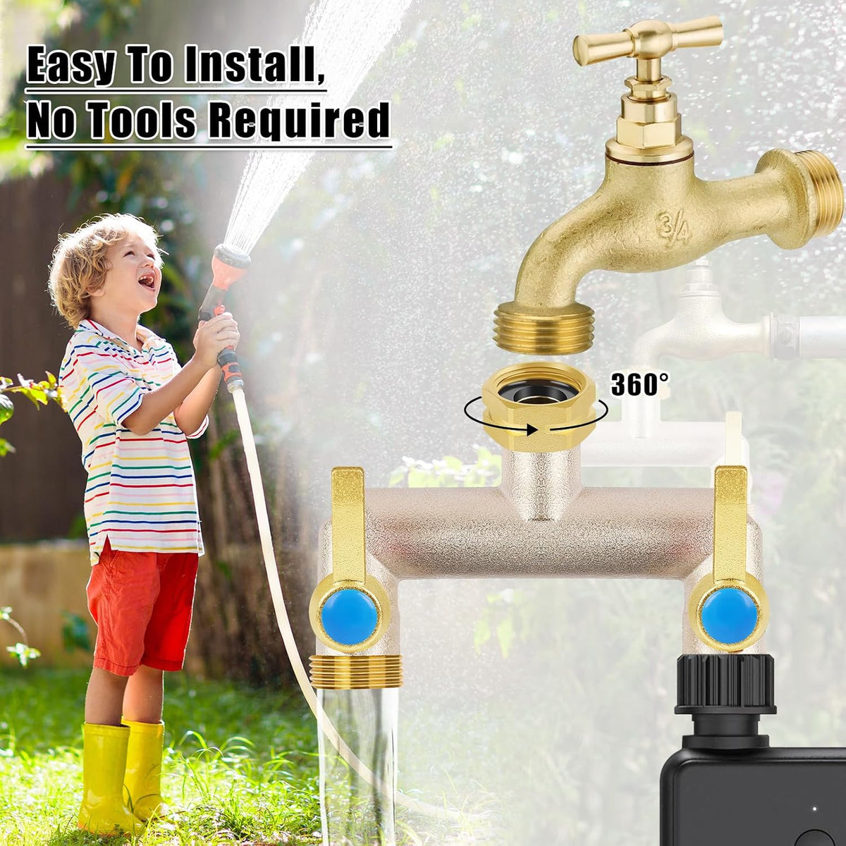 Upgraded Brass Garden Hose Splitter, 3/4" Hose Splitter 2 Way Heavy Duty with Extension Handles, Outdoor Faucet Splitter Water Spigot Splitter with Individual On/Off Valve