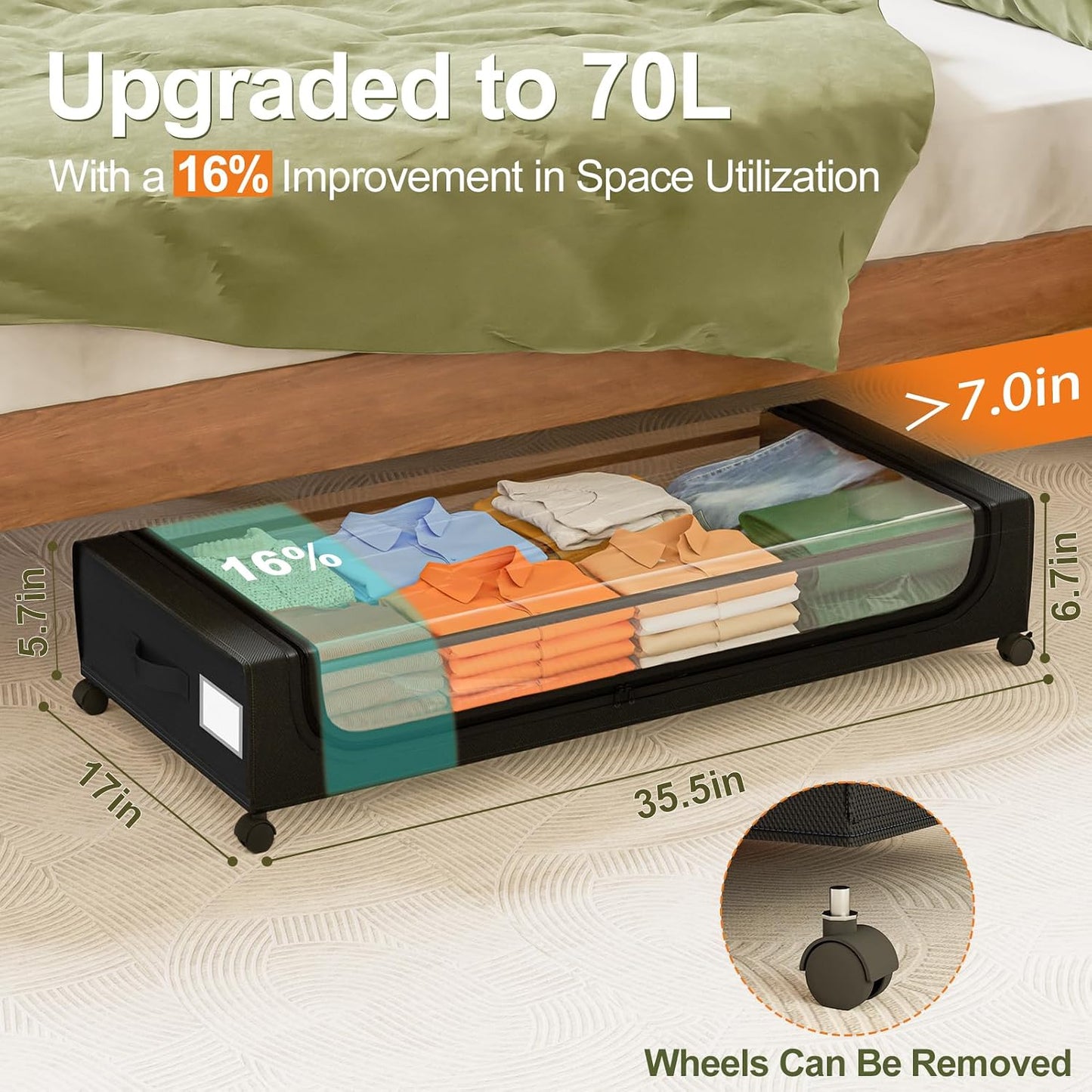 GoMaihe Under Bed Storage with Wheels: 48L Underbed Storage Containers with Lids - Rolling Bins for Shoes Clothes in Dorm Bedroom - Metal Drawers Easy Pull-out Grey 2-Pack