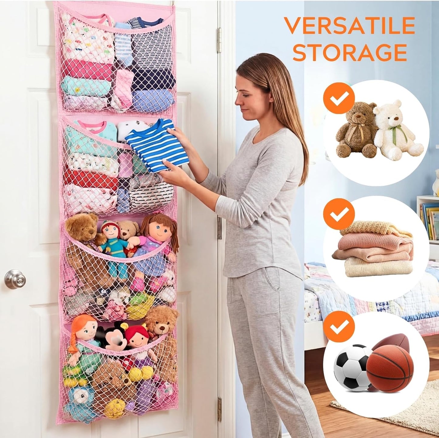 Ofiray-home Cotton Over The Door Stuffed Animal Storage | Toy Organizer for Storage Plush Toys, Stuffed Animal Holder with 4 Large Pockets, Hanging Door Organizer for Nursery