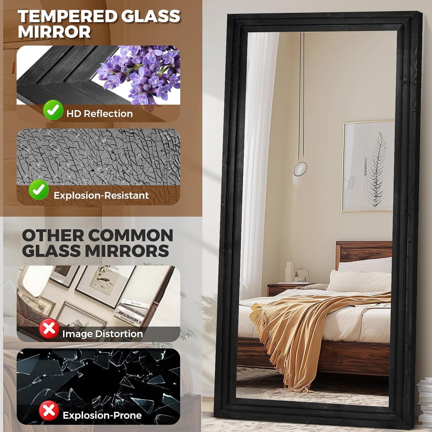 65"x22" Full Length Mirror Solid Wood Frame Floor Mirror with Stand for Living Room, Bedroom Hanging Standing or Leaning, Brown
