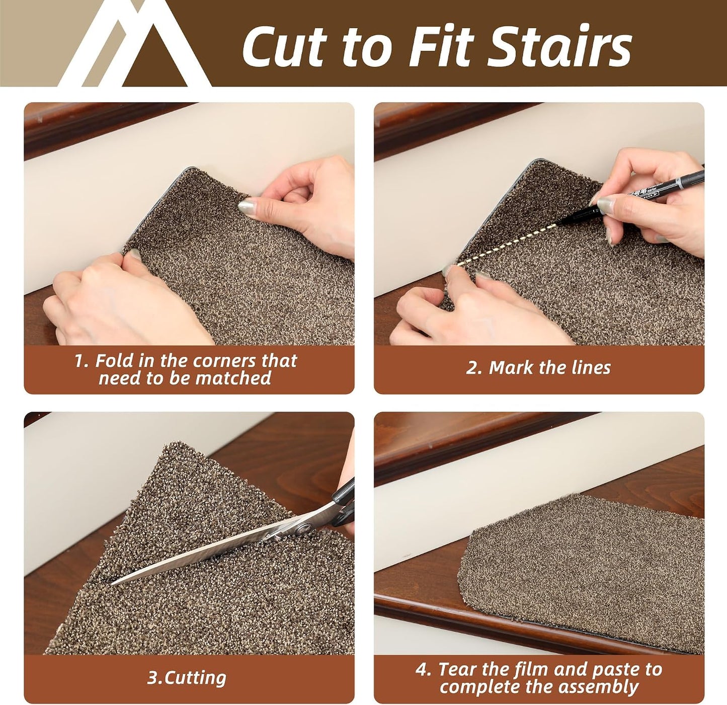 COSY HOMEER Stair Treads for Wooden Steps Non-Slip Carpet Mat,4pcs,Brown | Cut to Size,Peel and Stick,Washable,Residue Free,Self Adhesive,Stair Runner for Kid Elder Pet,28“x9”Carpet Stair Treads