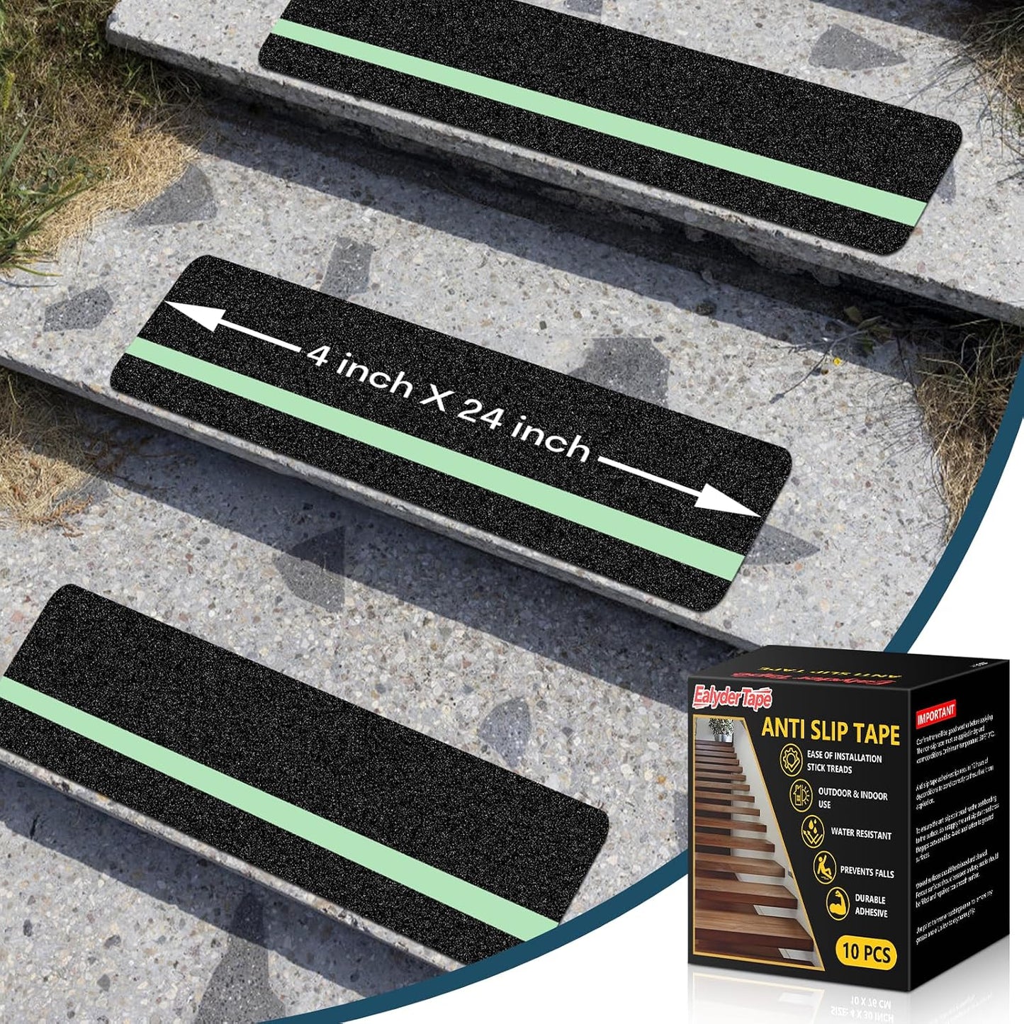 10 Pack 6” x 30” Anti Slip Traction Treads with Glow in The Dark Stripe, Outdoor Waterproof Non Skid Pre-Cut Tape with Roller, High Traction Friction Abrasive Adhesive for Stairs Step