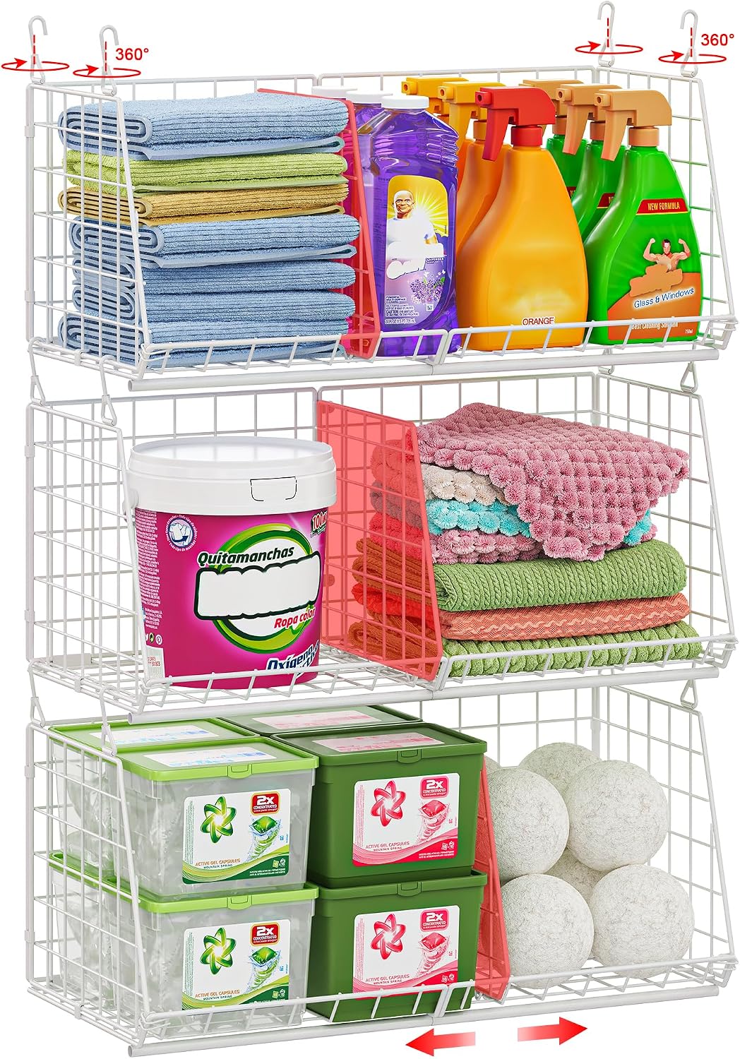 4-Tier Hanging Laundry Room Organizer: Foldable Wire Shelf Basket with 2 Large Hooks 1.65" & 360°Rotating Hooks – Space-Saving Laundry Storage Basket, for Wardrobe Closet Storage, White Patent