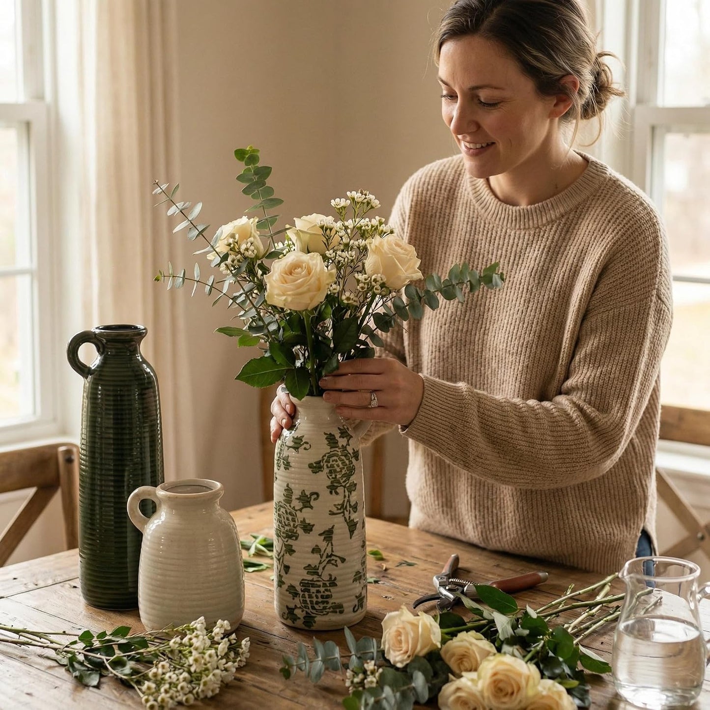 Ceramic Vase Set of 3 with Handles, Green White Neutral Rustic Modern Farmhouse Boho Decor, Versatile as Table Centerpiece or Mantel & Shelf Accent - Unique Home Gift Idea