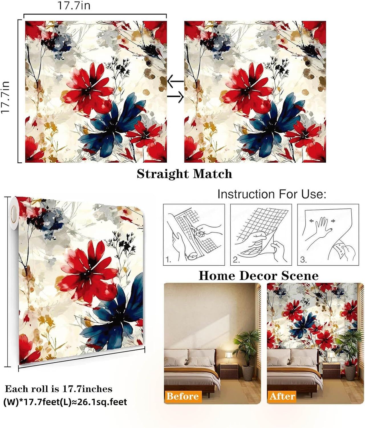 Red Watercolor Floral Peel and Stick Wallpaper Removable Self Adhesive Floral Wall Covering for Living Room Bedroom Accent Wall 17.7 x 70.8 in