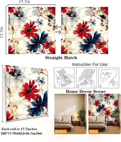 Red Watercolor Floral Peel and Stick Wallpaper Removable Self Adhesive Floral Wall Covering for Living Room Bedroom Accent Wall 17.7 x 70.8 in