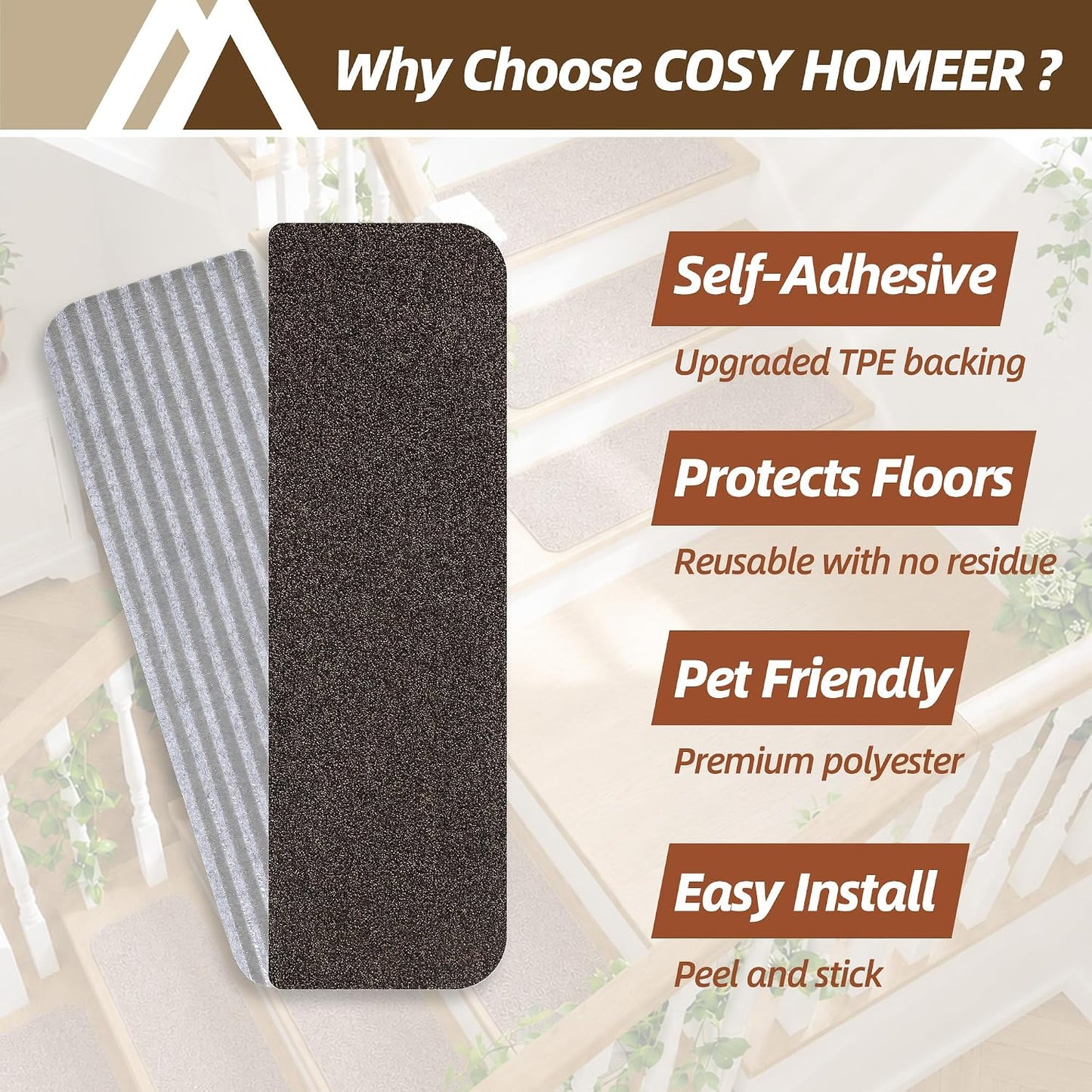 COSY HOMEER Stair Treads for Wooden Steps Non-Slip Carpet Mat,4pcs,Brown | Cut to Size,Peel and Stick,Washable,Residue Free,Self Adhesive,Stair Runner for Kid Elder Pet,28“x9”Carpet Stair Treads