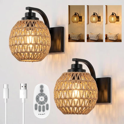 Battery Operated Wall Sconce Set of 2 with Remote Control, Rechargeable Wireless Led Glass Wall Lamp Indoor, Cordless Wall Light Fixtures Wall Mount for Bedroom Bathroom Hallway Farmhouse, Black