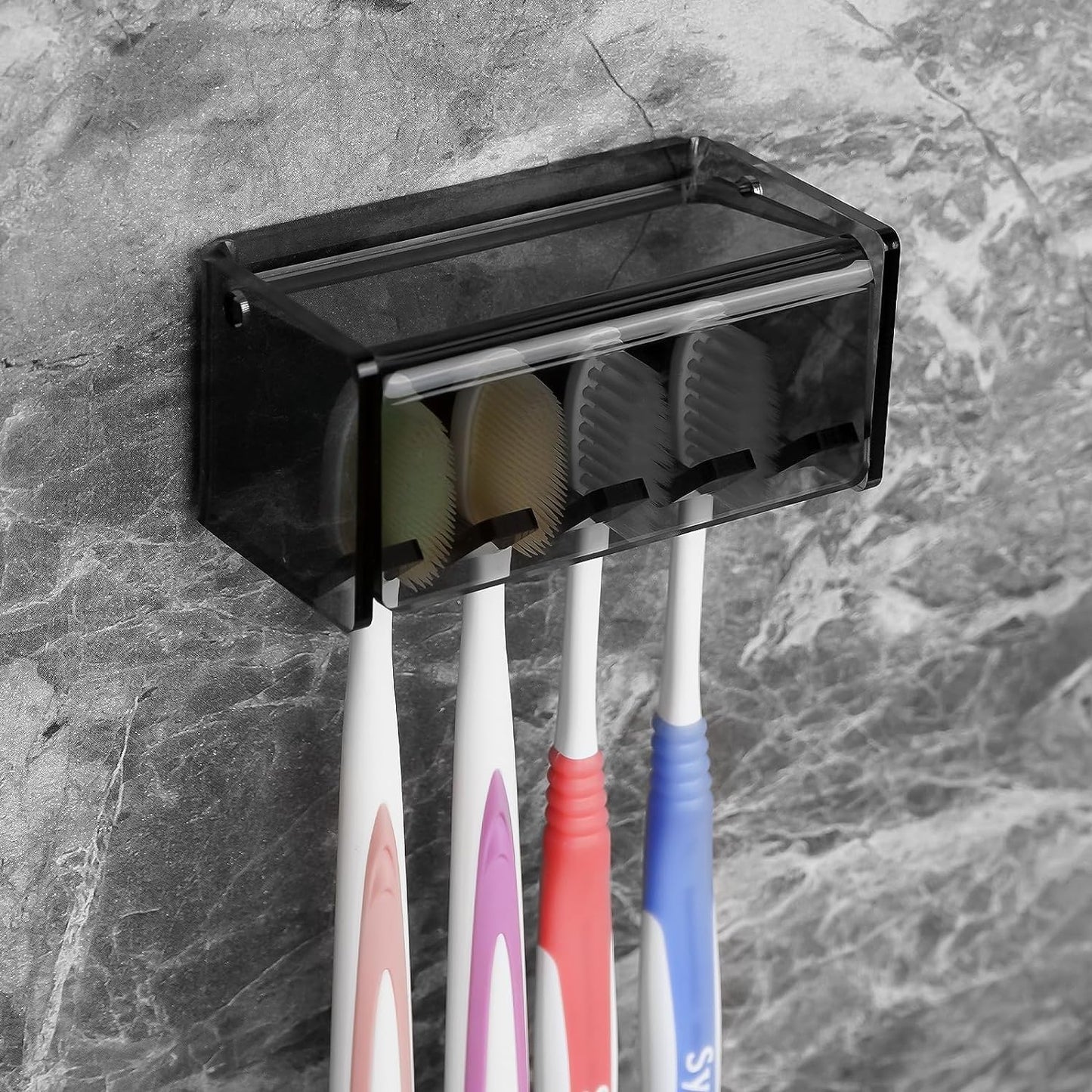 5 Slots Wall Mount Toothbrush Holder with Cover, Self Adhesive Toothbrush Storage Organizer for Shower, Toothbrush Hanger with Automatic Toothpaste Squeezer Dispenser