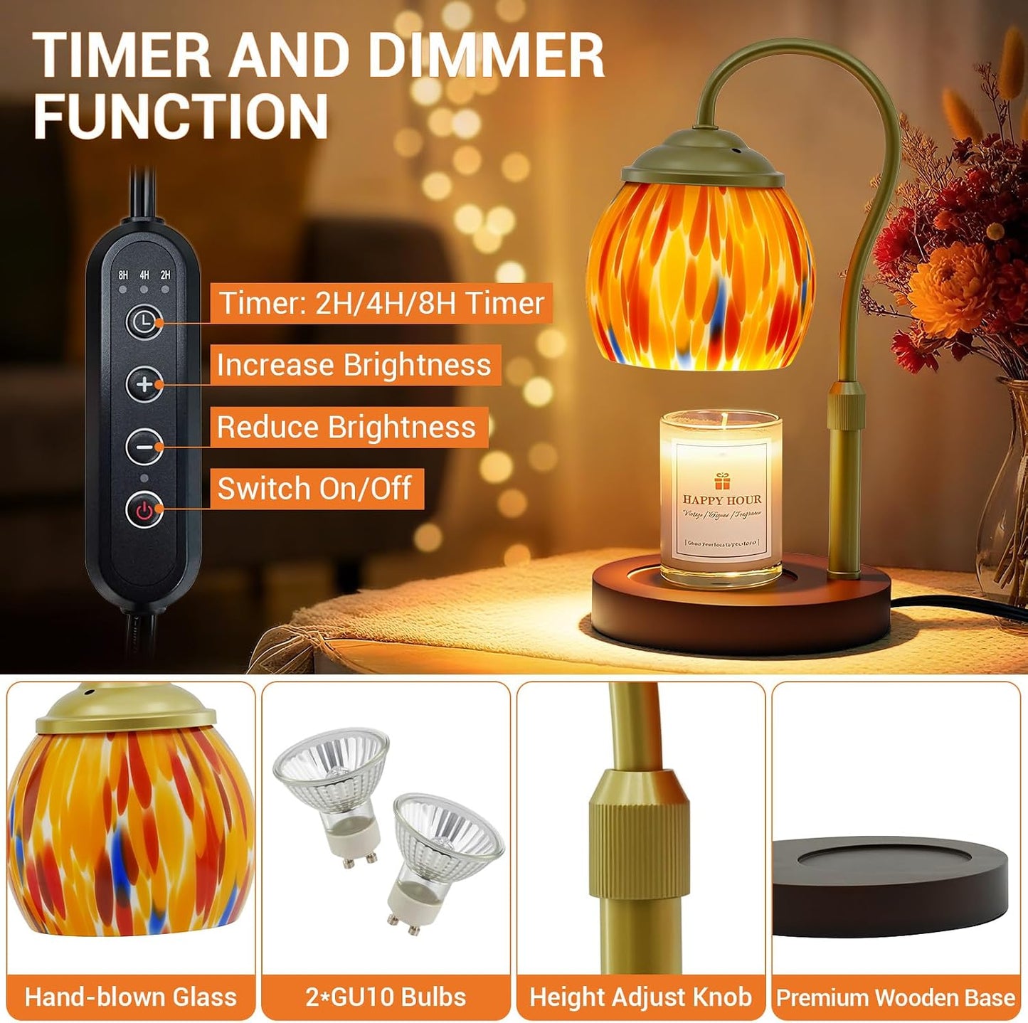 Candle Warmer Lamp with Timer Dimmer - Height Adjustable Wax Melt Warmer for Jar Candles, Blown Art Glass Candle Warming Lamp with 2 Bulbs Birthday Gifts for Mom Women Candle Holders for Home Decor