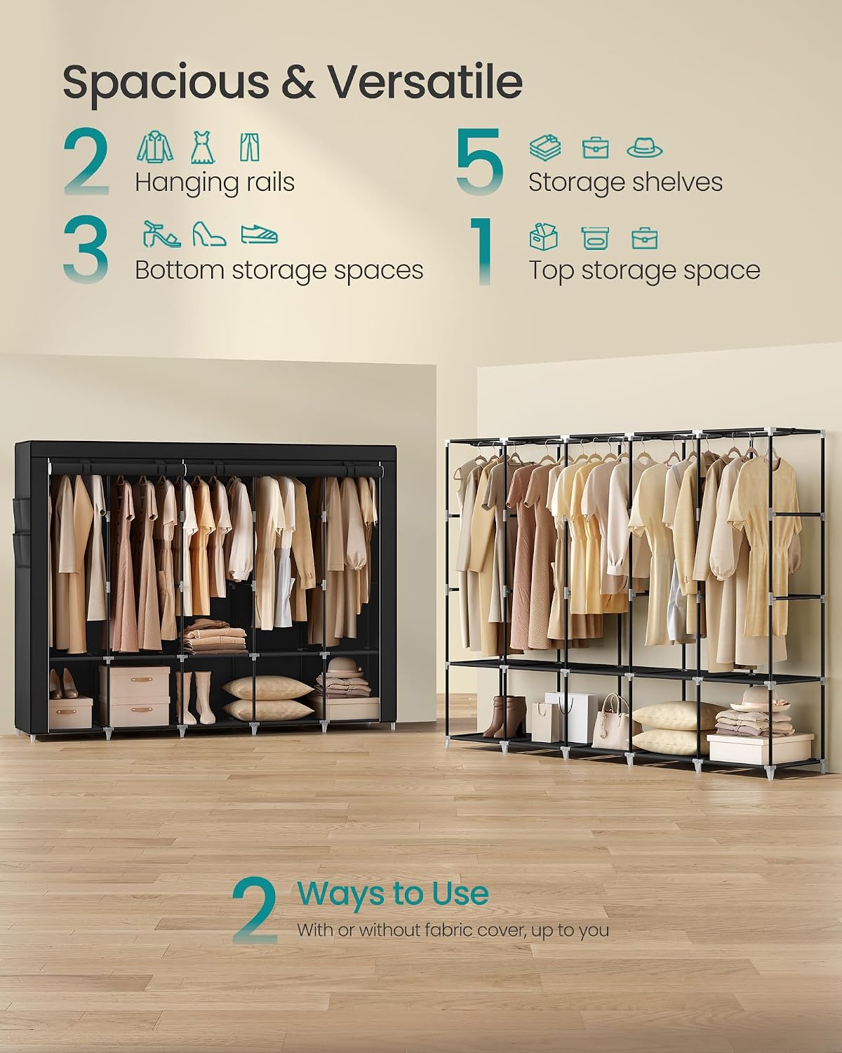 SONGMICS Portable Closet, Wardrobe Closet Organizer with Cover, 3 Hanging Rods and Shelves, 4 Side Pockets, 51.2 x 17.7 x 65.7 Inches, Large Capacity for Bedroom, Living Room, Ink Black URYG092B02