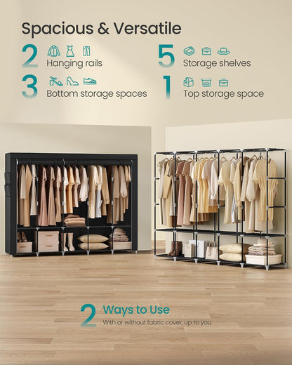 SONGMICS Portable Closet, Wardrobe Closet Organizer with Cover, 3 Hanging Rods and Shelves, 4 Side Pockets, 51.2 x 17.7 x 65.7 Inches, Large Capacity for Bedroom, Living Room, Ink Black URYG092B02