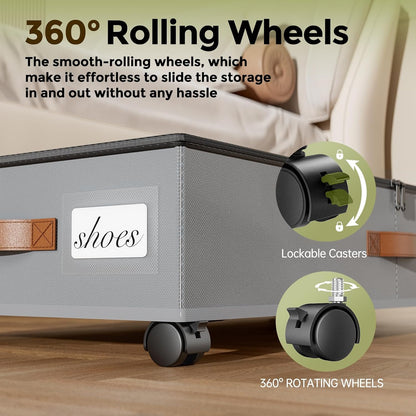 LAMU Under Bed Storage with Wheels, 2 Pack Under Bed Storage Containers with Clear Lids & Label, Rolling Under Bed Drawers for Clothes, Shoes, Blankets, Black