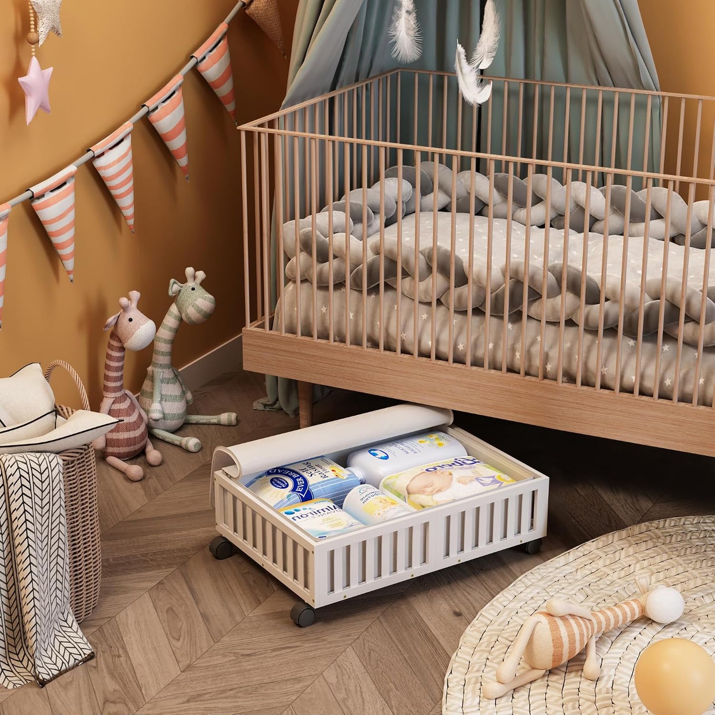 Bamboo Under Bed Storage Containers with Wheels, 2 Pack Under the Bed Shoe Storage Bins, Wood Rolling Underbed Drawers with Bag Organizer for Bedroom, Sheets Clothes Blanket Comforter, Under Crib Toy