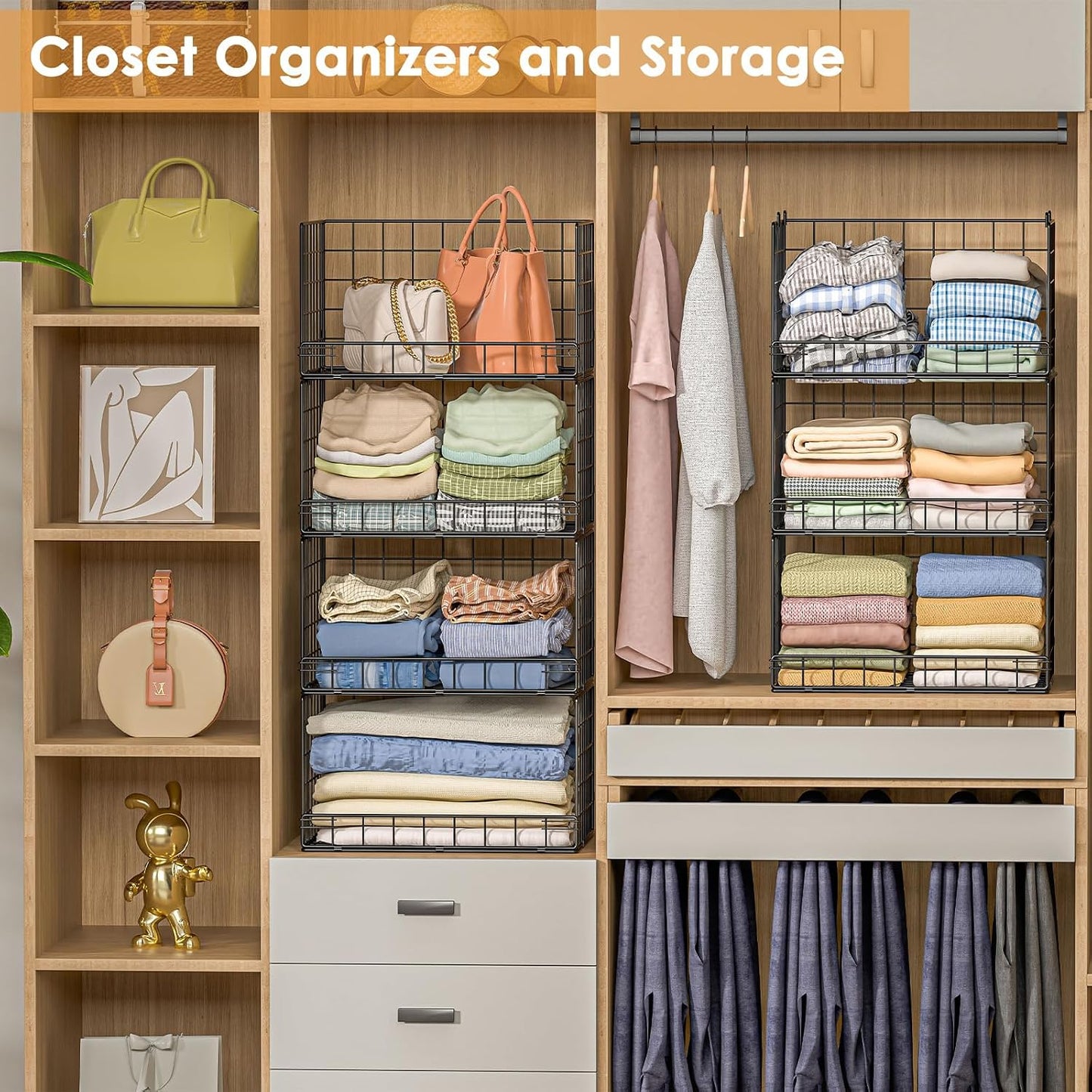 Yociyoga 4-Tier Stackable Closet Organizers and Storage Shelves, Foldable Closet Shelf Organizer, Black(Patent Protection)(Patent No. 30022416)
