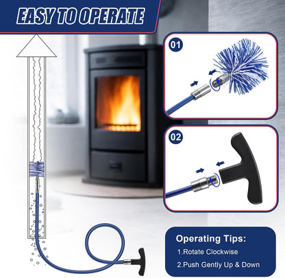 Dreyoo Pellet Stove Cleaning Brush Kit, 20 FT Flexible Steel Rod with 3" Brush Head, T Handle, Multi Purpose Flue Detail Cleaner, Nylon Stove Flue Pipe Kit for Pellet Furnace Exhaust Pipes