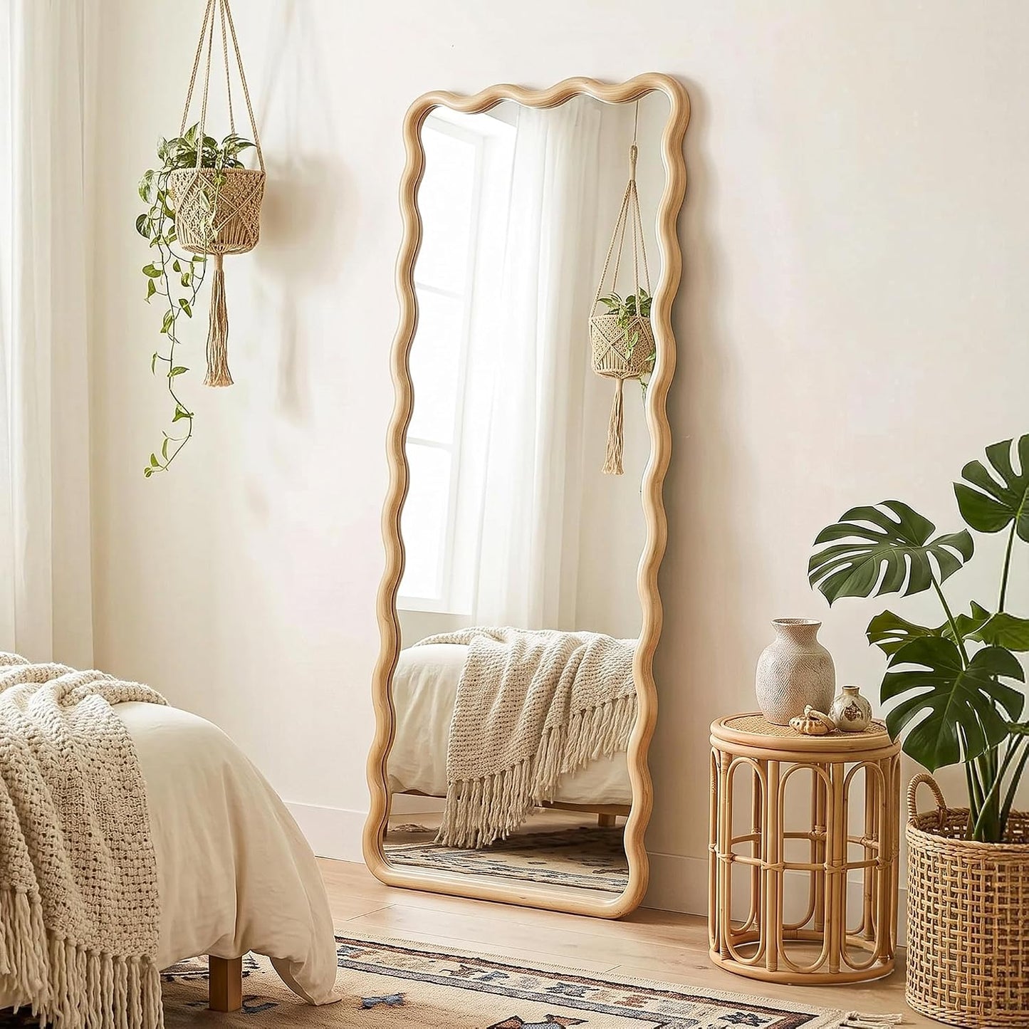 Full Length Mirror, 55"x28" Boho Wavy Wood Floor Mirror, for Bathroom, Bedroom, Living Room, Cloakroom, Entryway