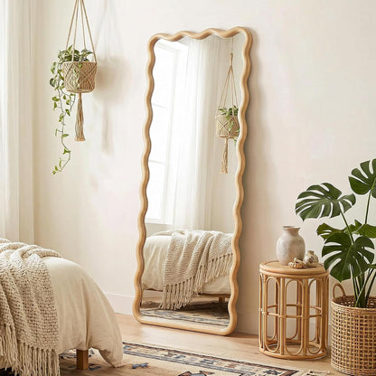 Full Length Mirror, 55"x28" Boho Wavy Wood Floor Mirror, for Bathroom, Bedroom, Living Room, Cloakroom, Entryway