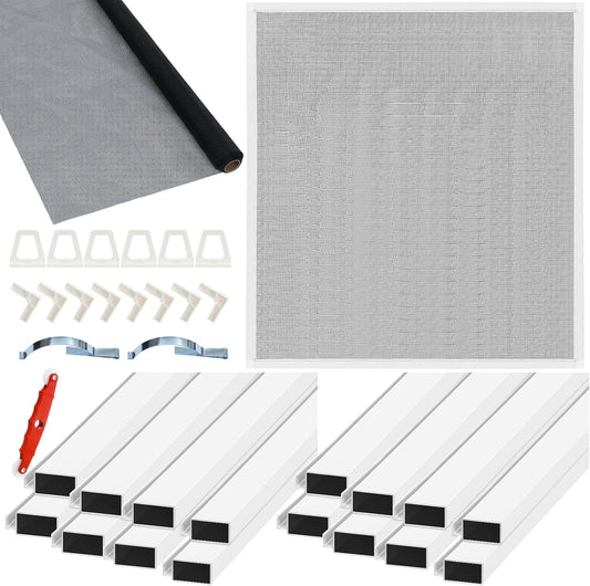 Yaocom 4 Pack Window Screen Kit 3/4 x 5/16 Inch Aluminum Frame with Corners, Spline, Springs, Pull Tabs, Screen Mesh and Screen Rolling Tool 32'' x 32''