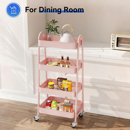OLIXIS Metal 4 Tiers Utility Rolling Cart, Mobile Storage Shelf with Lockable Caster Wheels, Organization for Livingroom, Bathroom, Kitchen, & Narrow Places, 4-Tier Green