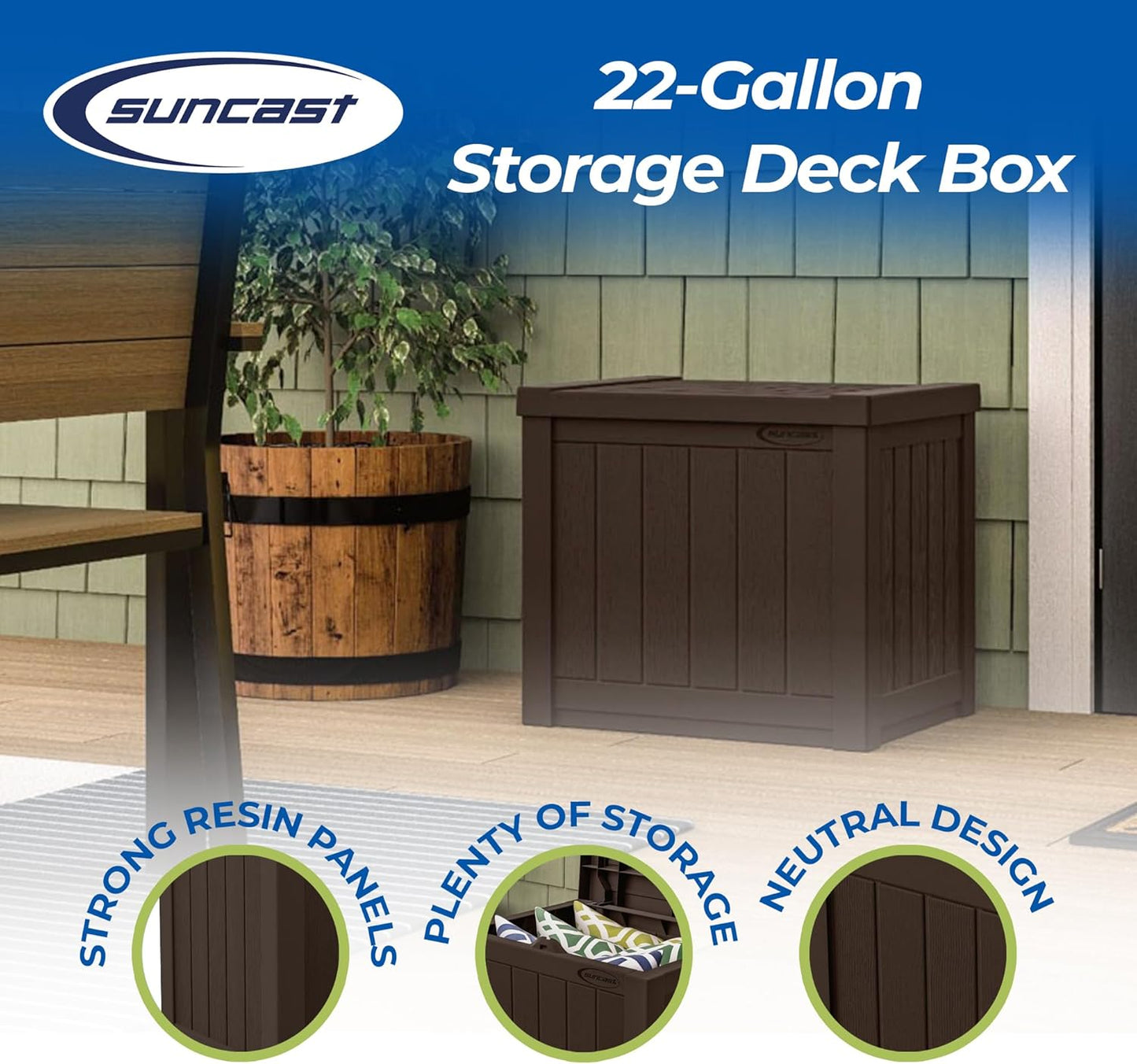 Suncast 22-Gallon Small Deck Box - Lightweight Resin Indoor/Outdoor Storage Container and Seat for Patio Cushions and Gardening Tools - Store Items on Patio, Garage, Yard - Stone Gray, Made in the USA