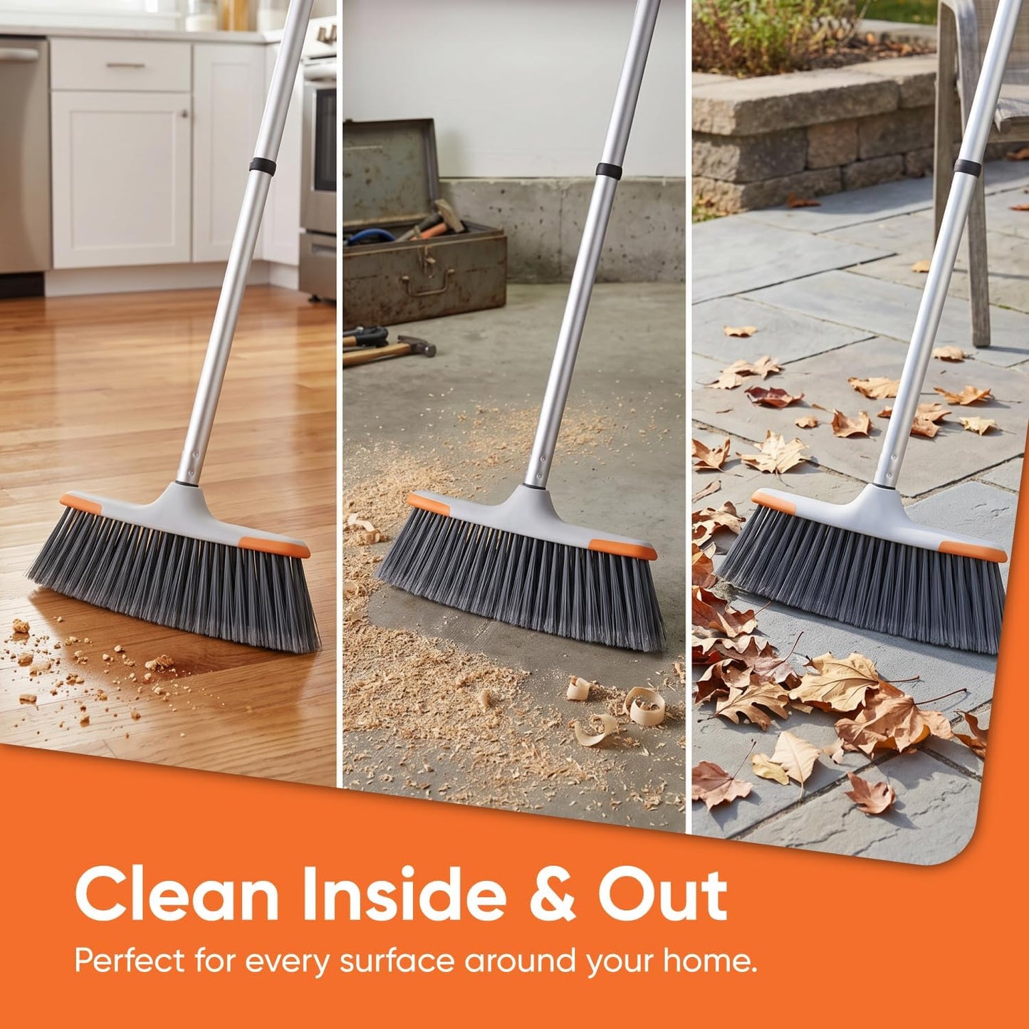 Superio Grey Broom, Heavy-Duty Indoor & Outdoor Broom with 48-Inch Handle, Multi-Surface Floor Cleaning for Home, Kitchen, Garage & Office