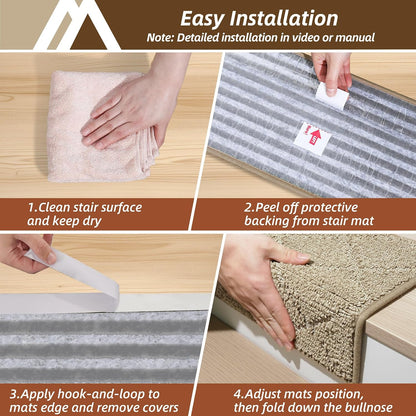 Self Adhesive Bullnose Carpet Stair Treads Non Slip,Grey,11"x30",3 Pack | Pet Friendly, Peel and Stick Stair Treads for Wooden Steps, Washable Stair Runner for Kids Elders, Edge Protection