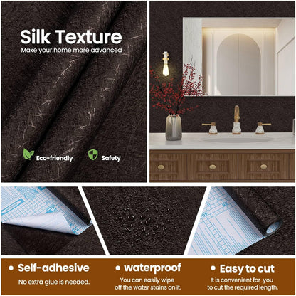 15.7" X 118" Black Silk Wallpaper Embossed Self Adhesive Peel and Stick Wallpaper Contact Paper Removable Waterproof Kitchen Vinyl Wrap Cabinet Furniture Textured Renter Friendly Wall Gift Paper
